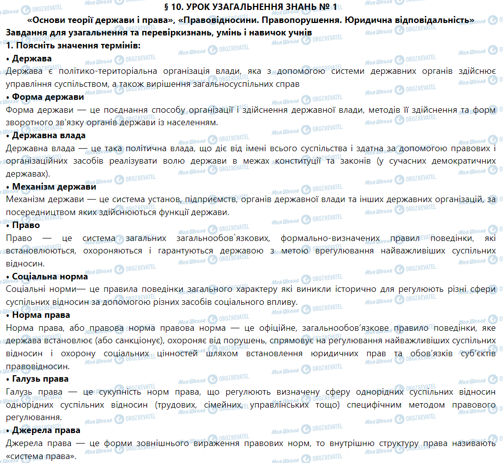 ГДЗ Правоведение 9 класс страница 1. Поясніть значення термінів
