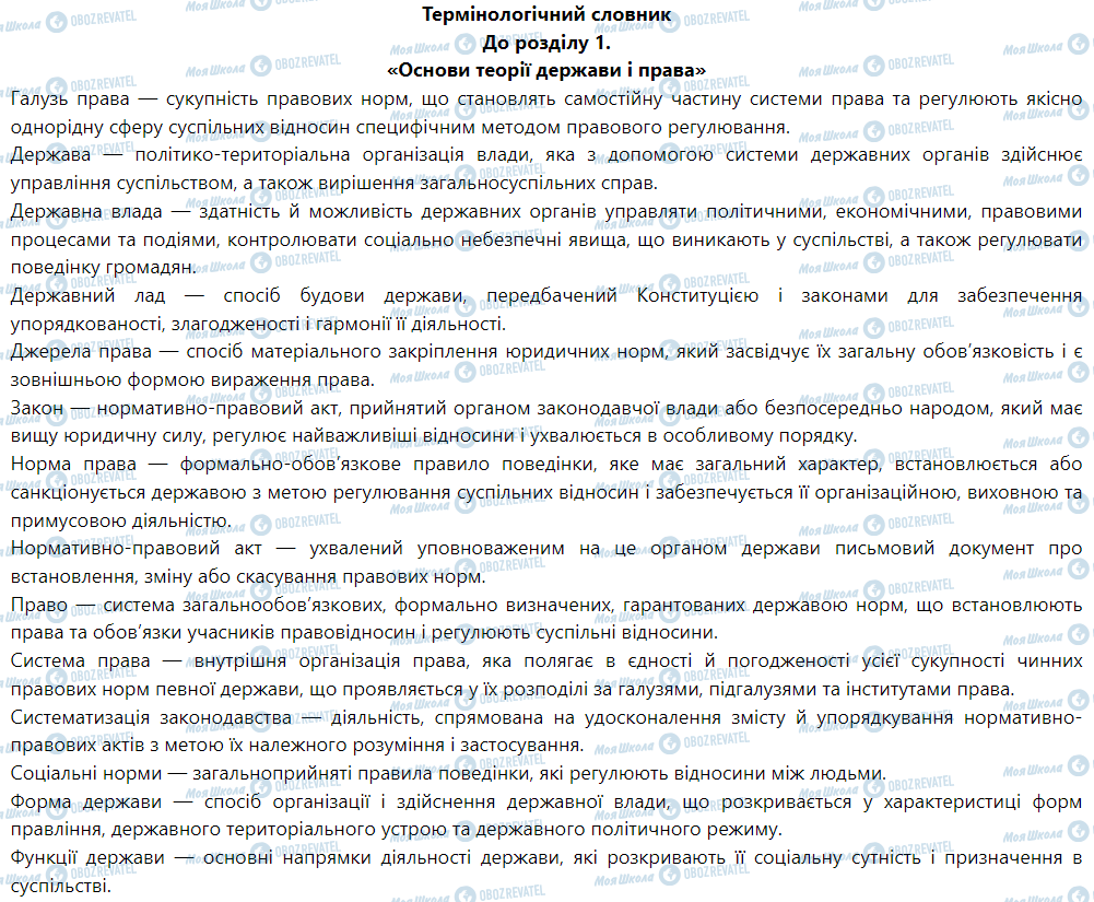 ГДЗ Правознавство 9 клас сторінка До розділу 1. «Основи теорії держави і права»