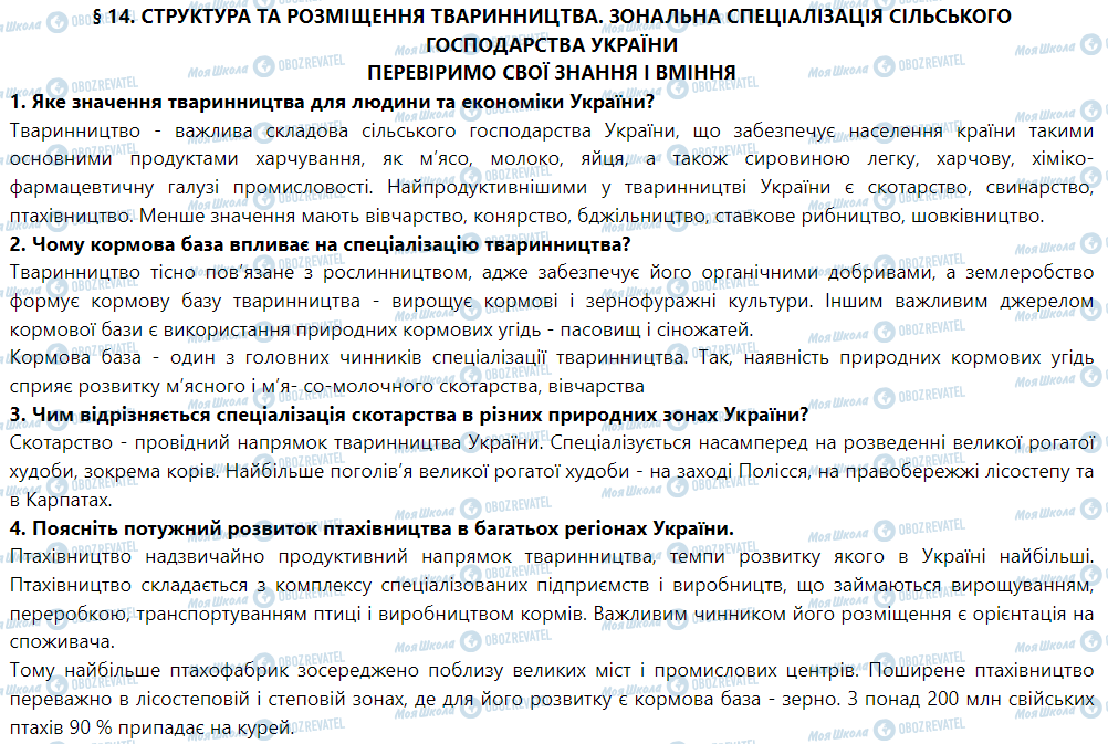 ГДЗ География 9 класс страница § 14. Структура та розміщення тваринництва. Зональна спеціалізація сільського господарства України