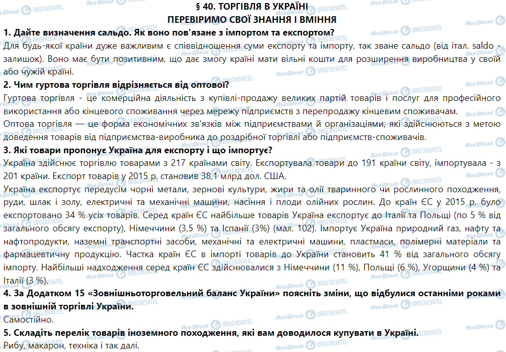 ГДЗ География 9 класс страница § 40. Торгівля в Україні