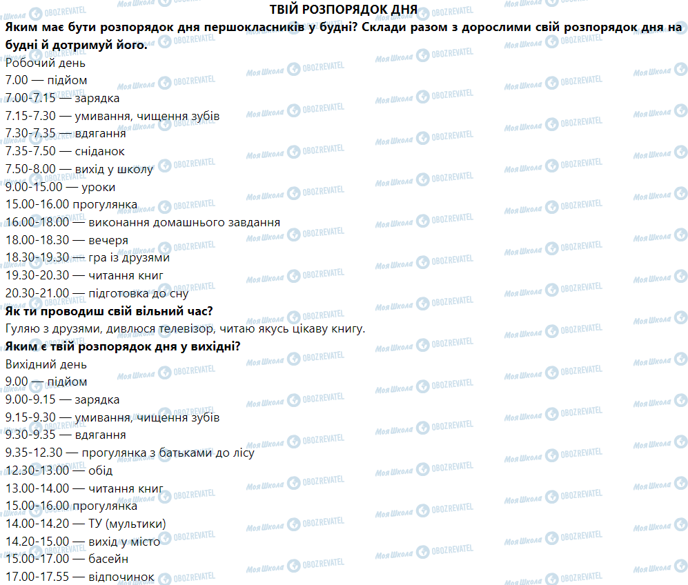 ГДЗ Я досліджую світ 1 клас сторінка Твій розпорядок дня