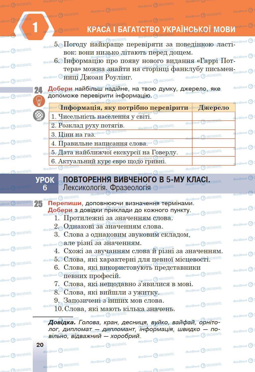 Підручники Українська мова 6 клас сторінка 20