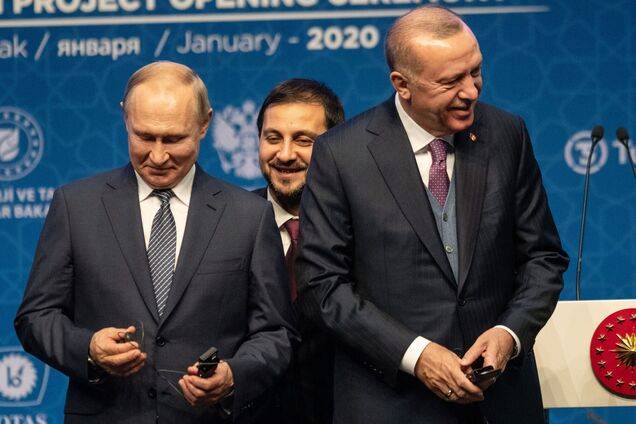 Владимир Путин и Реджеп Эрдоган на открытии проекта газопровода Turkstream 8 января 2020 года в Стамбуле