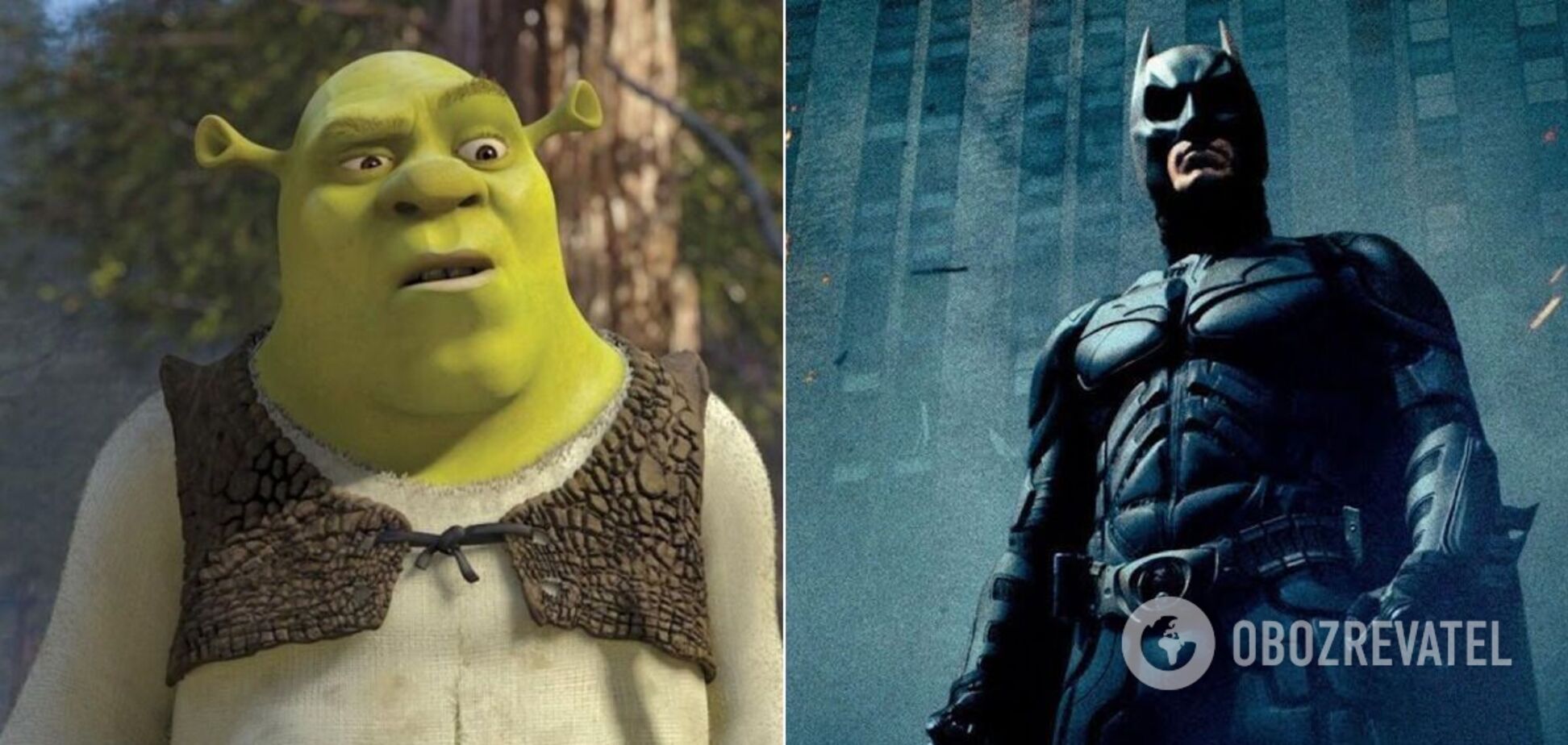 Кадры из фильмов 'Шрек' и 'Темный рыцарь'