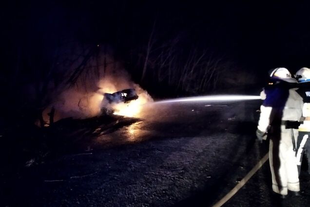 На Дніпропетровщині автомобіль BMW злетів у кювет і загорівся. фото