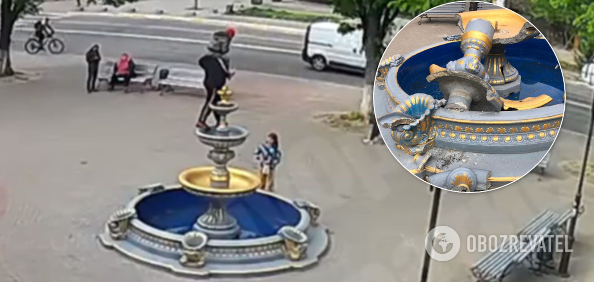 На Киевщине девушка с сестрой на плечах вскарабкалась на фонтан ради фото и сломала его