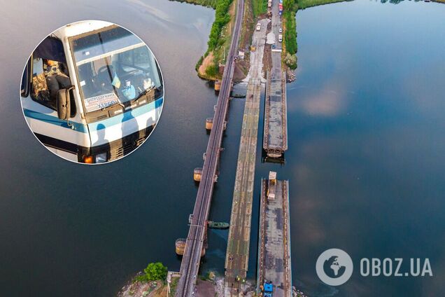 Под Никополем автобус устроил ЧП на переправе на месте рухнувшего моста. Фото и видео