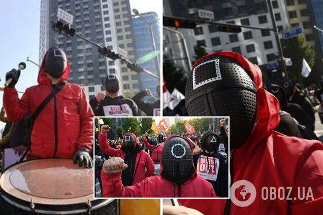 В Южной Корее десятки тысяч людей вышли на протесты в костюмах из 'Игры в кальмара': что происходит. Фото и видео