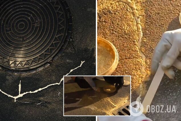 У Києві скульптор ремонтує тріщини в асфальті 'золотом'. Відео