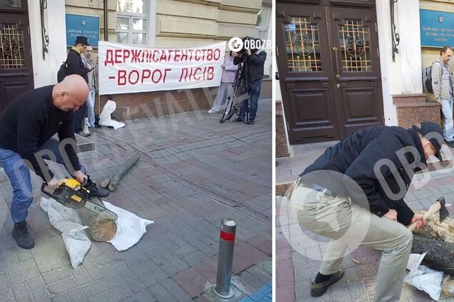 На пикете экологи использовали пилу и топоры