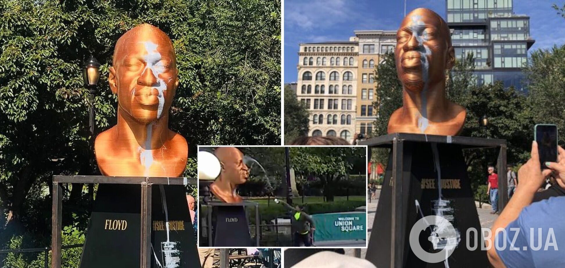 В Нью-Йорке облили краской статую Джорджа Флойда: вандал попал на видео