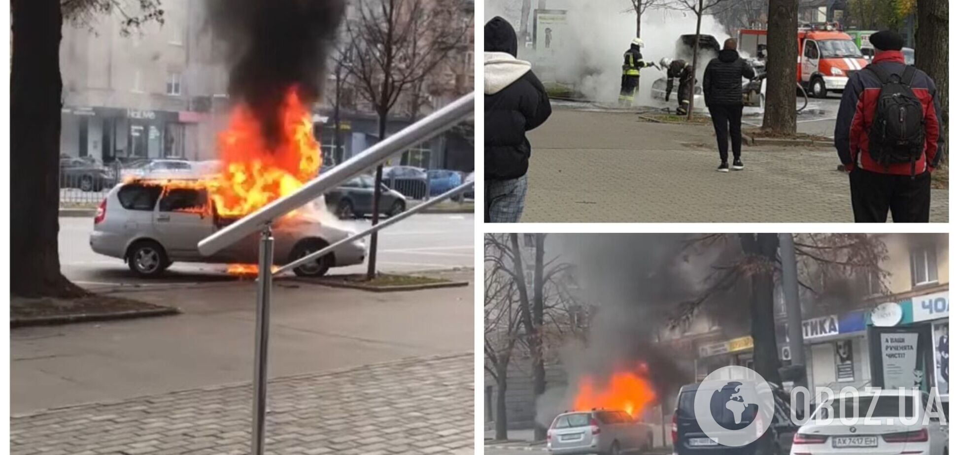 У Харкові посеред вулиці вибухнуло авто, піднявся стовп вогню та диму. Фото і відео