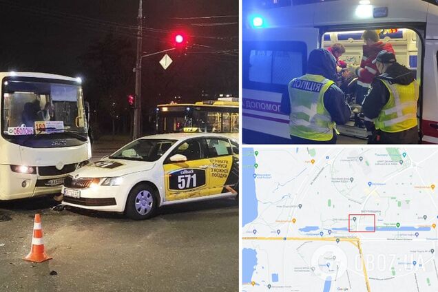 В Киеве столкнулись маршрутка и такси, пострадала женщина. Фото и видео