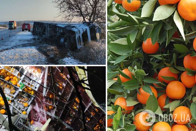 На трассе Днепр – Николаев перевернулся грузовик с мандаринами. Фото