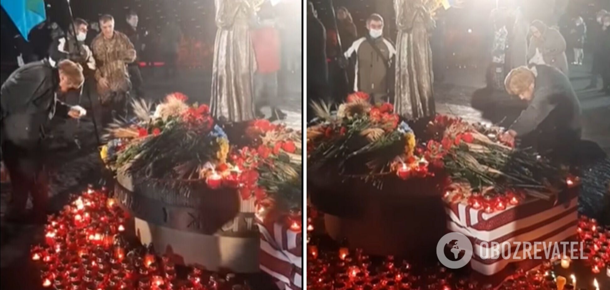 В Киеве пенсионер взял хлеб, оставленный на Мемориале жертвам Голодомора. Видео