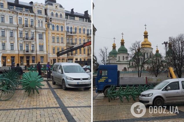 На Софійській площі почали збирати новорічну ялинку