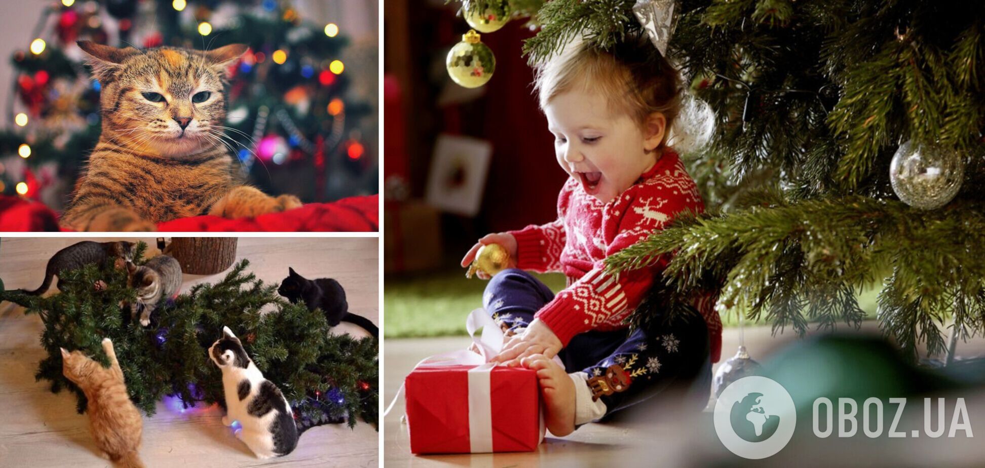 Маленькие озорники бьют игрушки на елке