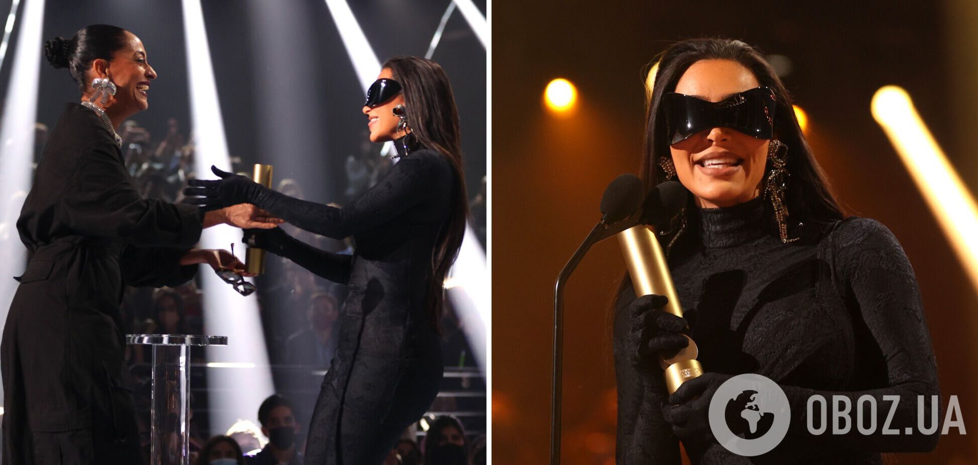 Ким Кардашьян в 'очках Бэтмена' и черном костюме от макушки до пяток получила премию 'Икона моды'
