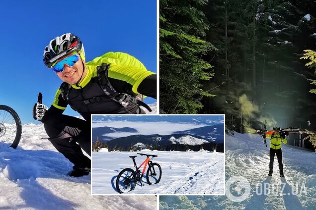 Украинец на велосипеде поднялся на заснеженную Говерлу