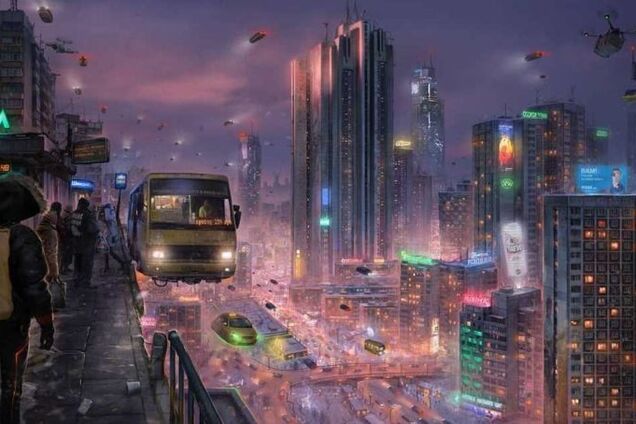Художник показав, як виглядатиме Київ у 2077 році: маршрутки нікуди не зникнуть