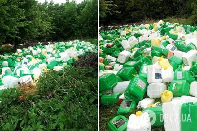 В лесу на Хмельнитчине нашли гору пластиковых канистр. Фото
