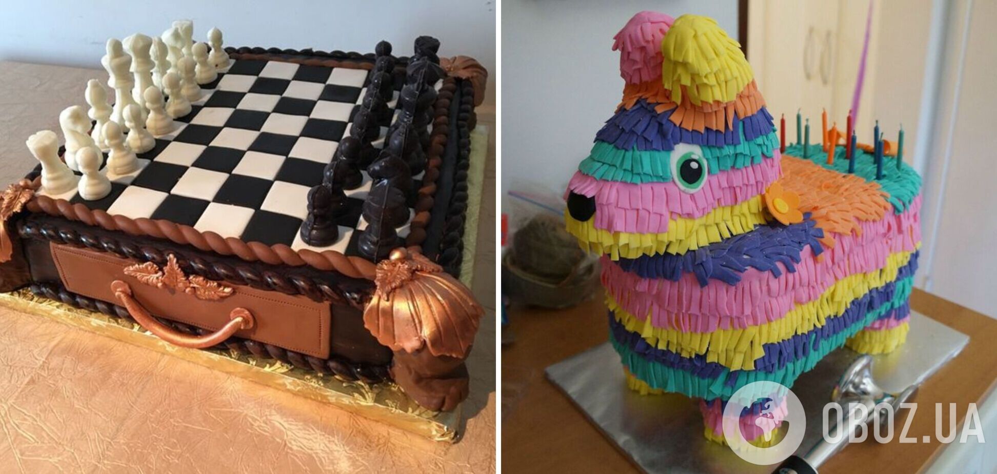 Торт у вигляді гральних шахів і яскравий торт-піньята
