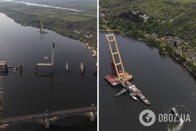 В Запорожье гигантский кран 'Захарий' при строительстве моста врезался в скалу. Фото