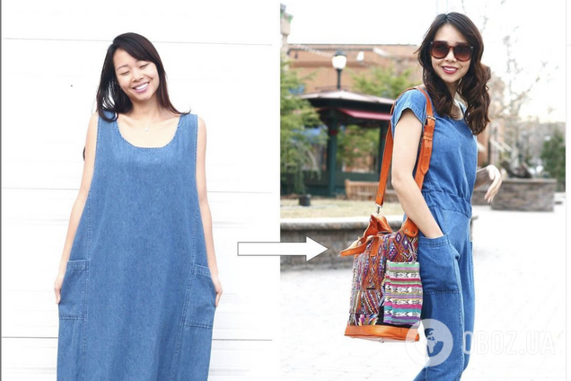 Женщина превратила большой сарафан в трендовый комбинезон