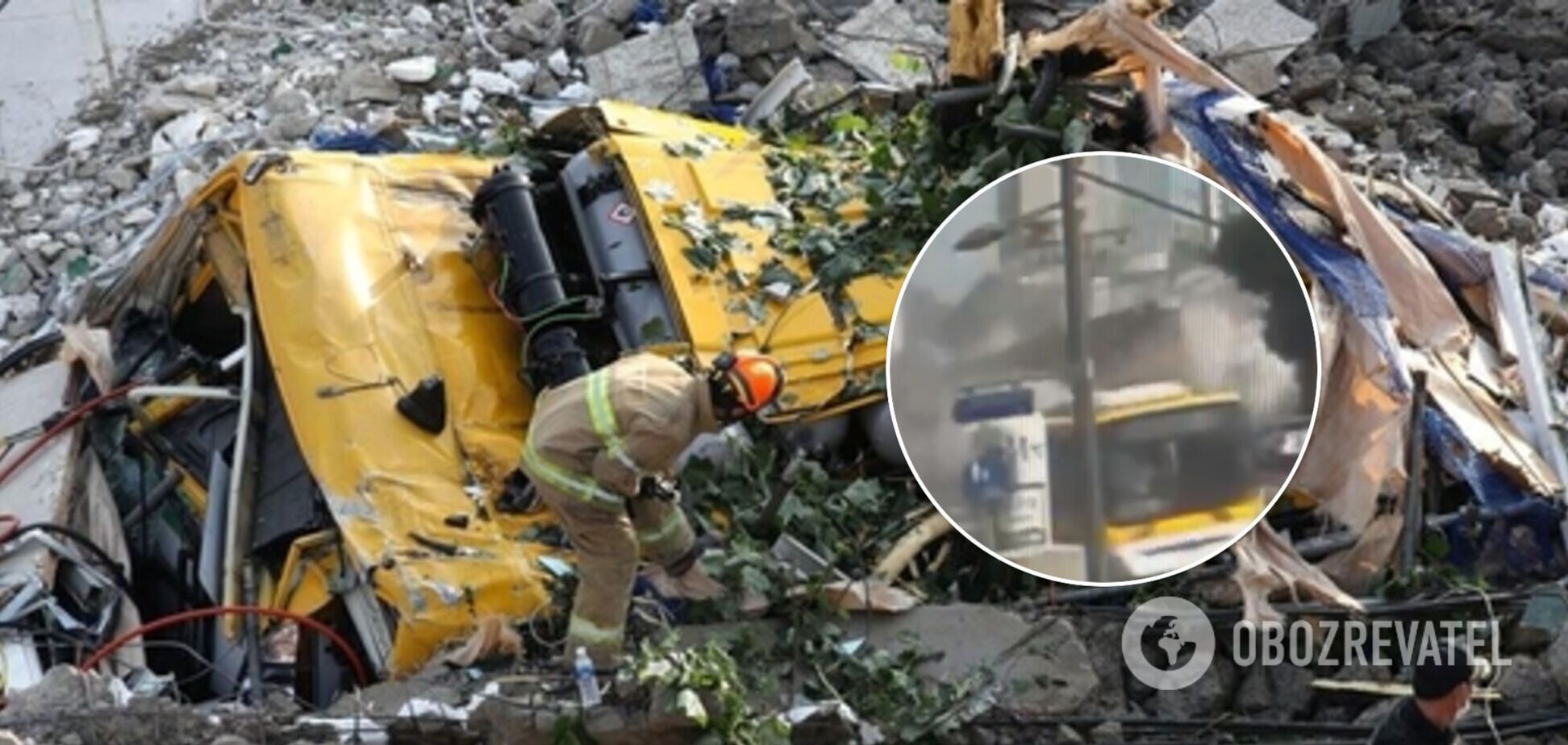 В Южной Корее здание рухнуло на автобус с людьми и убило 9 человек: момент трагедии попал на видео