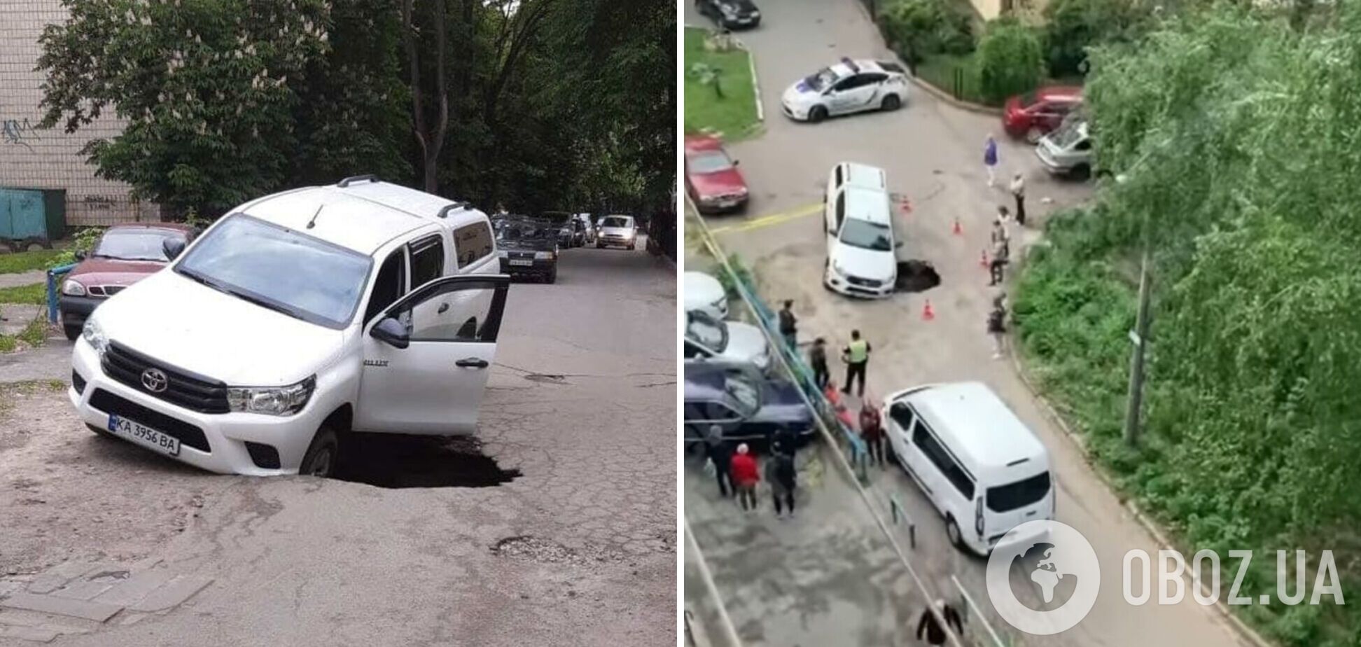 В Киеве внедорожник провалился под асфальт: появились фото и видео ЧП