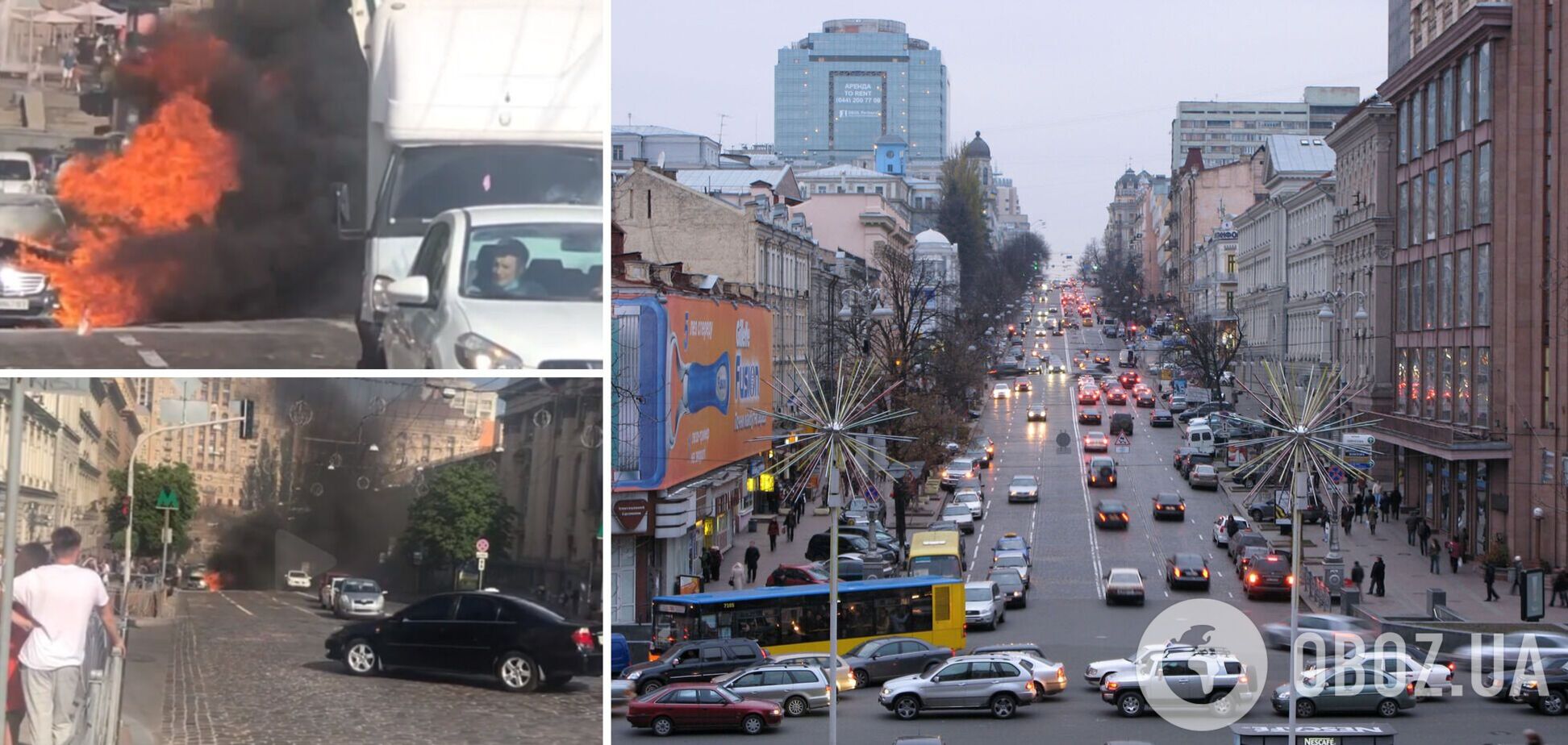 У центрі Києва під час руху загорівся Mercedes. Відео