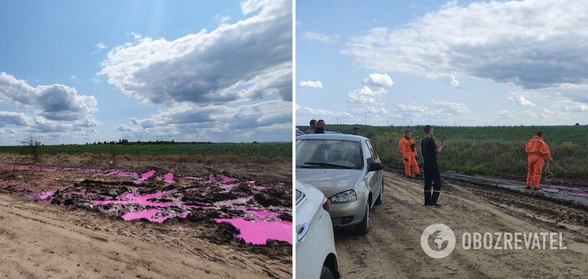На поле появились ярко-розовые химикаты