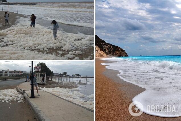В Греции пляж покрылся густой белой пеной. Фото и видео