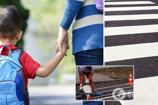 В Херсоне мужчина сам нарисовал 'зебру' возле школы, не дождавшись дорожников. Видео