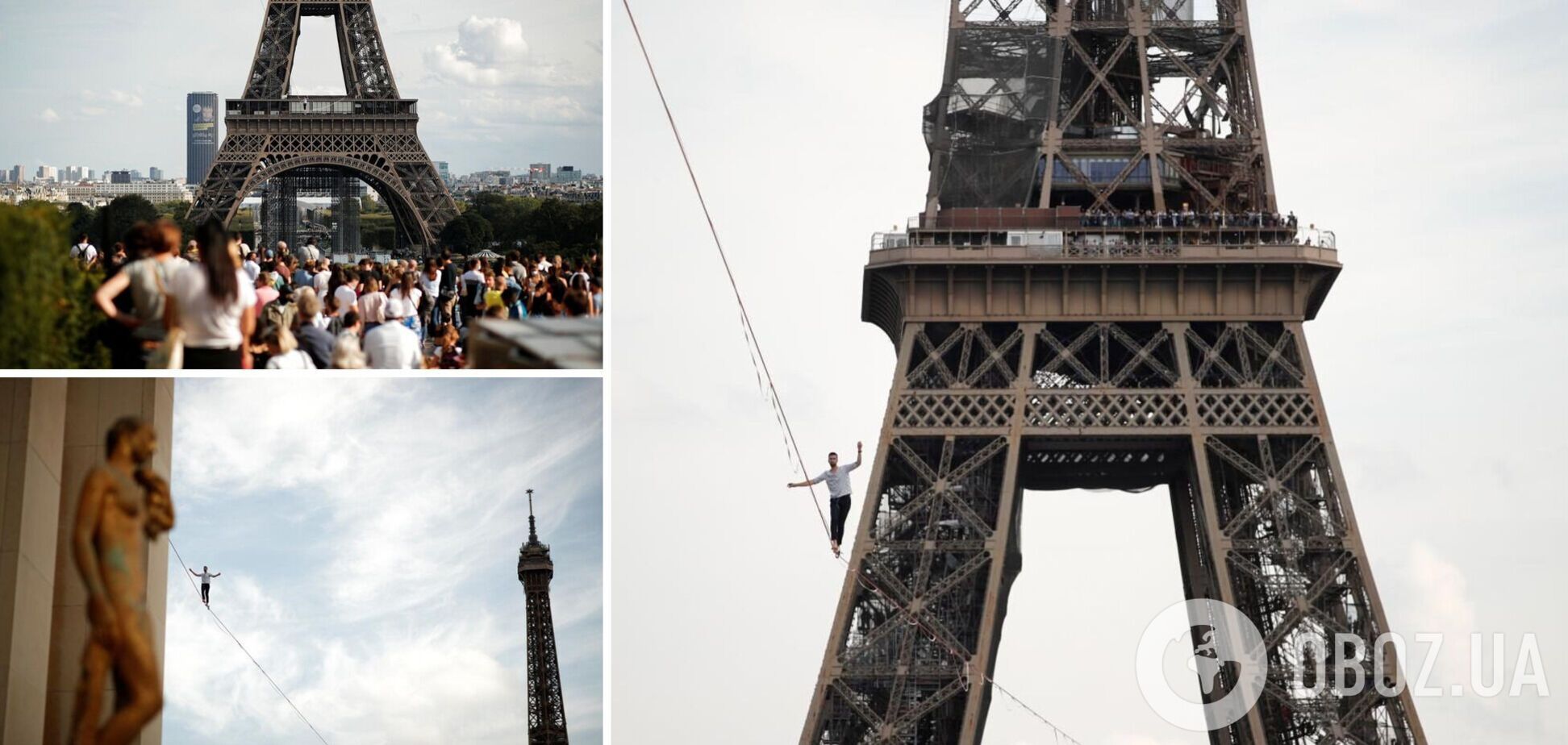 Канатоходец прошел по тросу, натянутому между Эйфелевой башней и театром на высоте 70 метров. Фото и видео