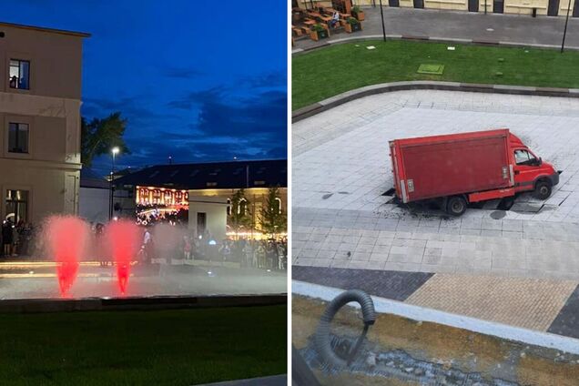 Вантажівка поламала плитку і провалилася під новим фонтаном: одні будують, інші руйнують