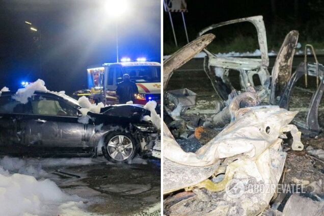 У Києві згорів автомобіль із водієм усередині. Фото та відео з місця ДТП