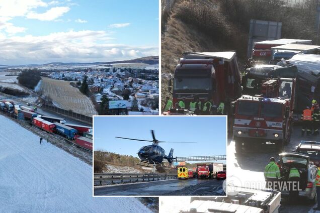 В Чехии на заснеженной трассе столкнулись 36 авто, пострадавших забирали вертолетом. Фото с места ДТП