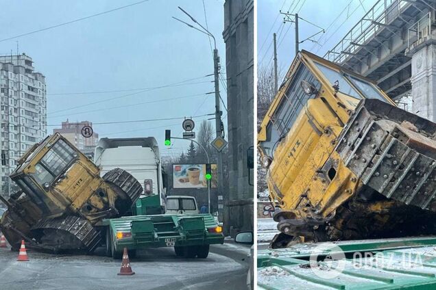 После падения бульдозер перегородил часть дороги