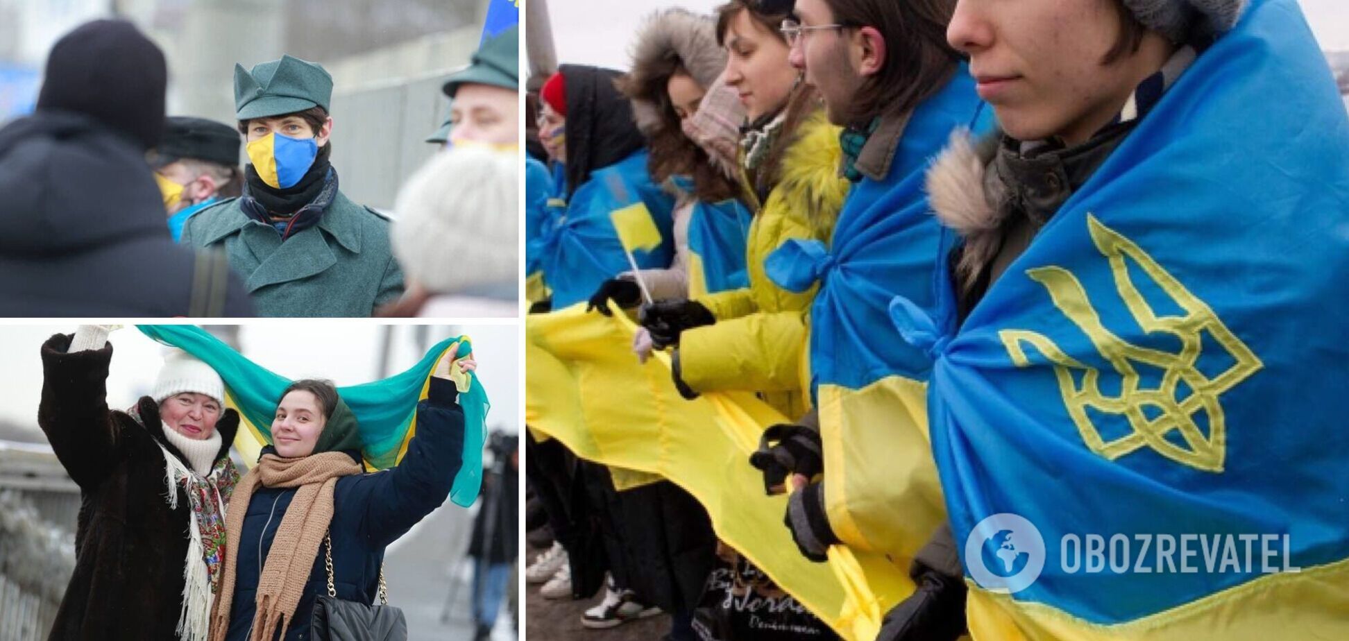 В Киеве два берега Днепра, а также Софийскую и Михайловску площади объединили 'живыми цепями'. Фото и видео