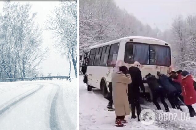 Автобус застрял на нечищеной от снега дороге