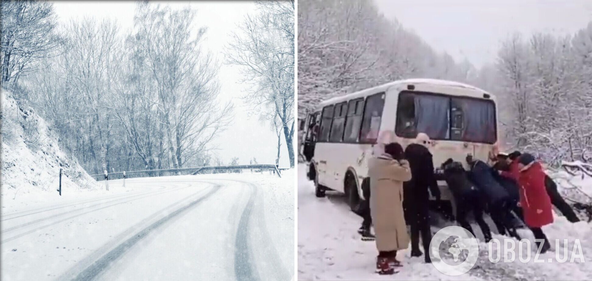 Автобус застрял на нечищеной от снега дороге