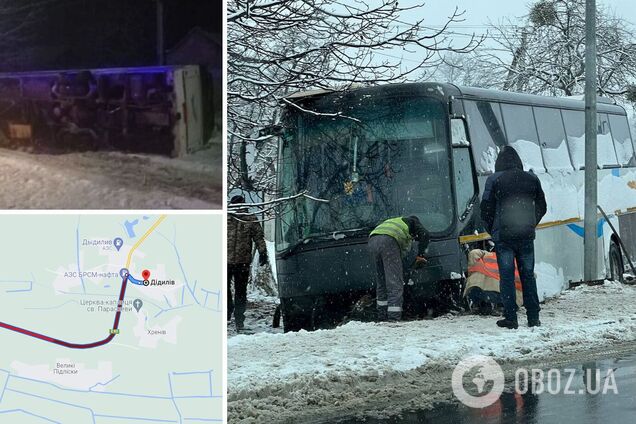 На Львівщині автобус із туристами злетів з дороги і перекинувся: утворився великий затор. Фото