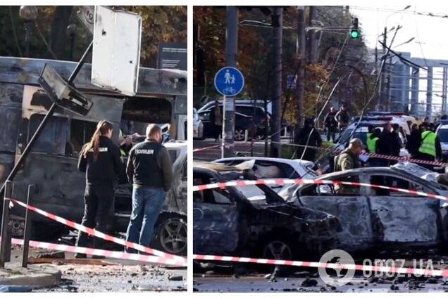 Згорілі авто і уламки навколо: як виглядає центр Києва після потужного ракетного удару. Фото і відео