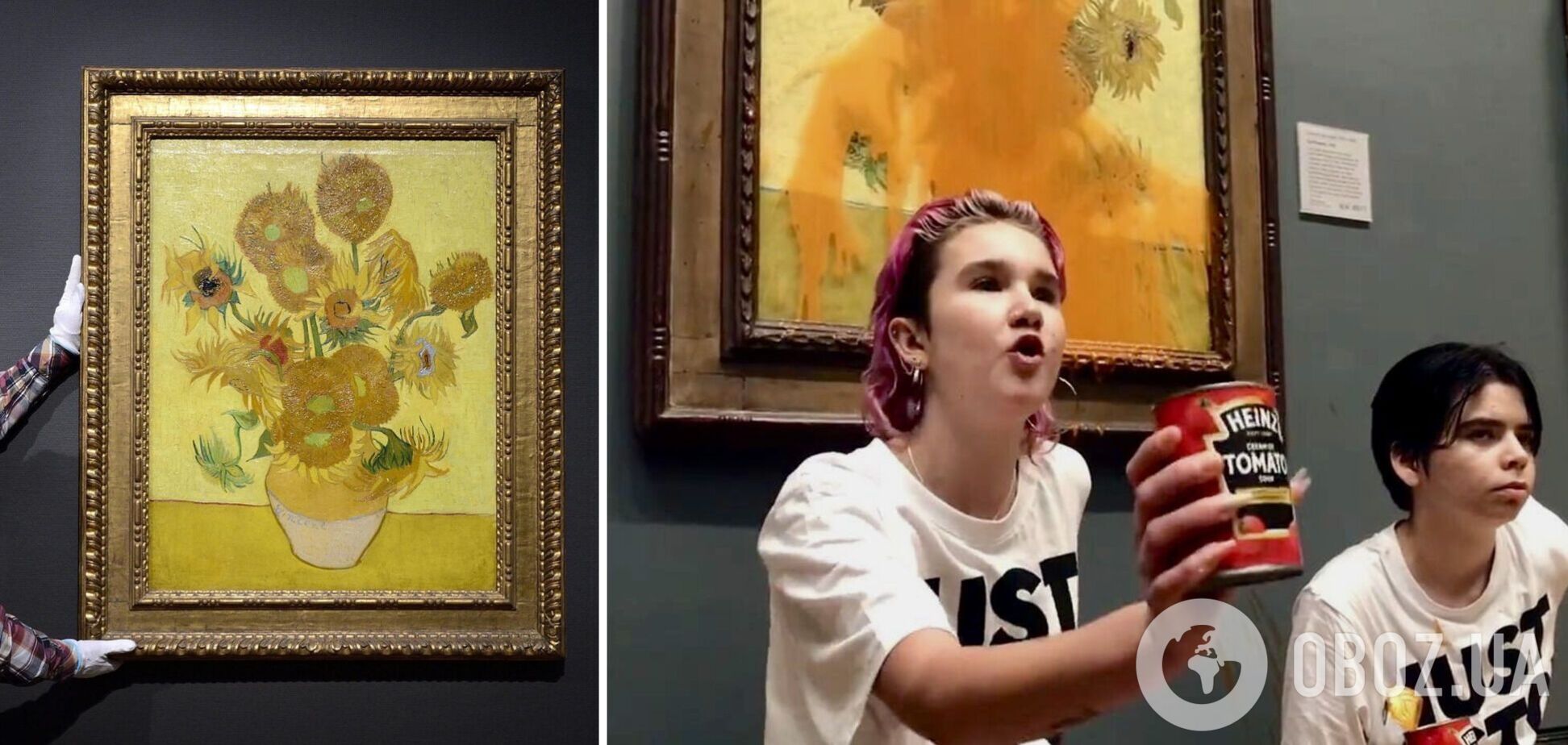 Экоактивисты облили томатным супом картину Ван Гога 'Подсолнухи' за $82 миллиона. Видео