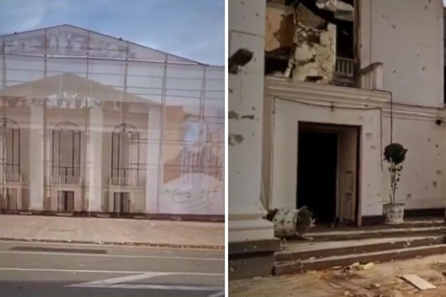 В Мариуполе разбомбленный Драмтеатр спрятали за баннерами с Гоголем