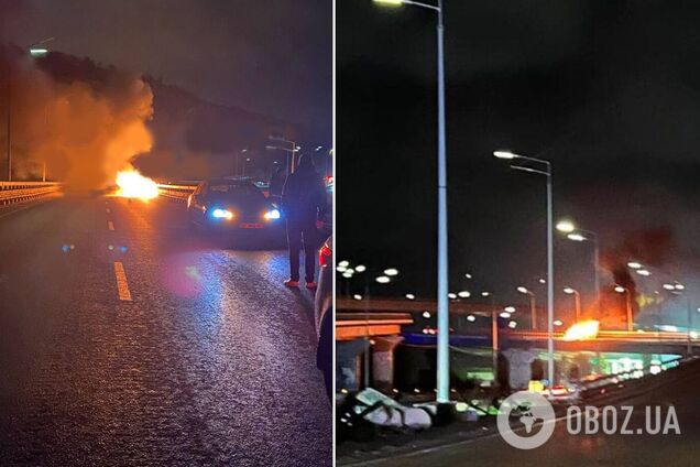 На Дарницькому мосту в Києві авто влетіло у відбійник і загорілося. Фото й відео
