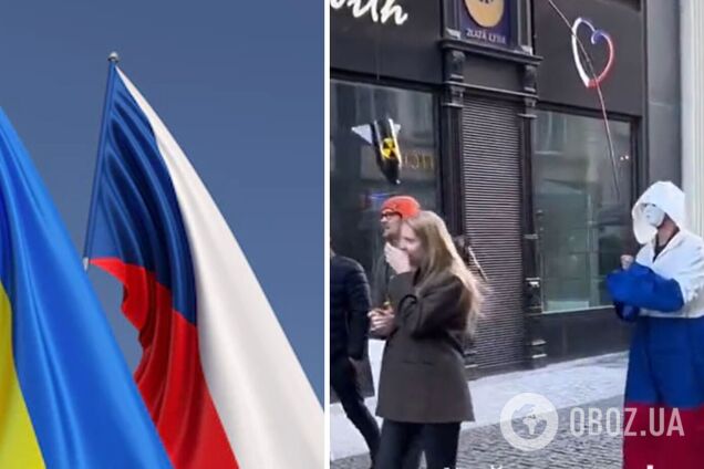 В Праге мужчина показал 'самый страшный наряд на Хэллоуин', надев флаг России. Видео