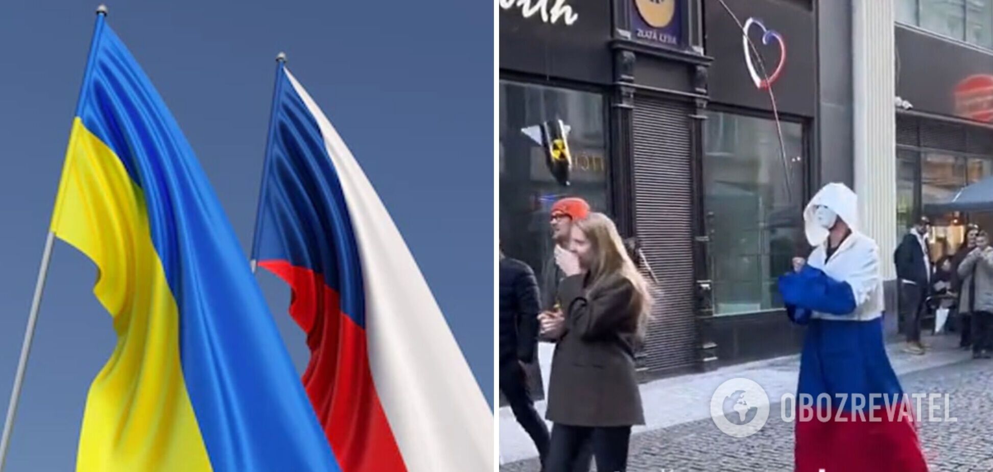 В Праге мужчина показал 'самый страшный наряд на Хэллоуин', надев флаг России. Видео