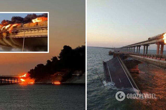 На Крымском мосту произошла 'бавовна': секция дорожного полотна упала в море, сгорели железнодорожные цистерны с топливом. Фото и видео